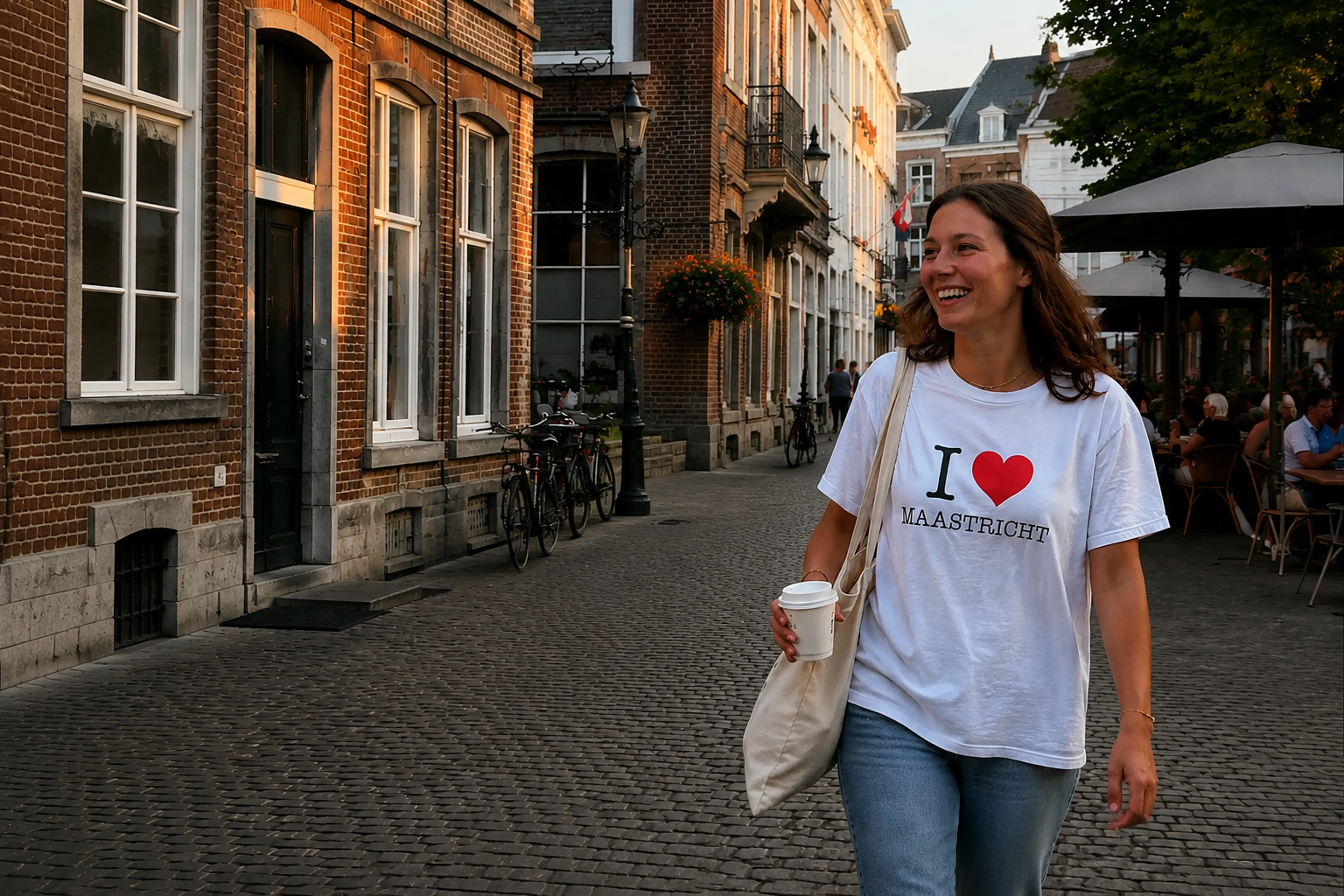 Lachende vrouw met een 'I love Maastricht'-shirt en koffie in de oude binnenstad van Maastricht